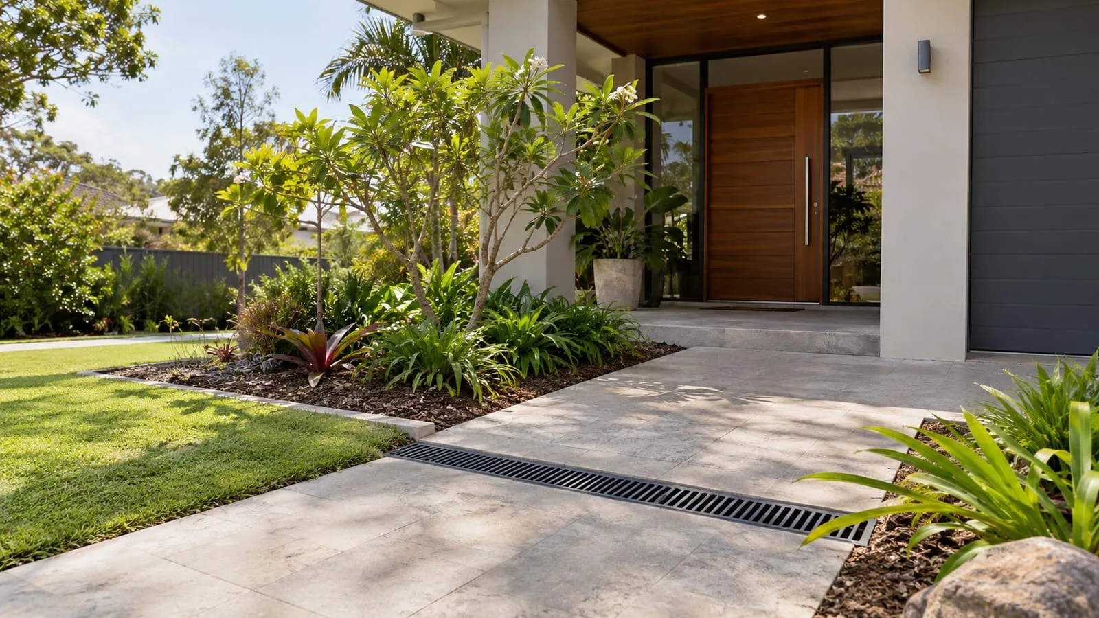 AI-generated illustration: Contact Us: elegant Brisbane home entrance with subtle drain