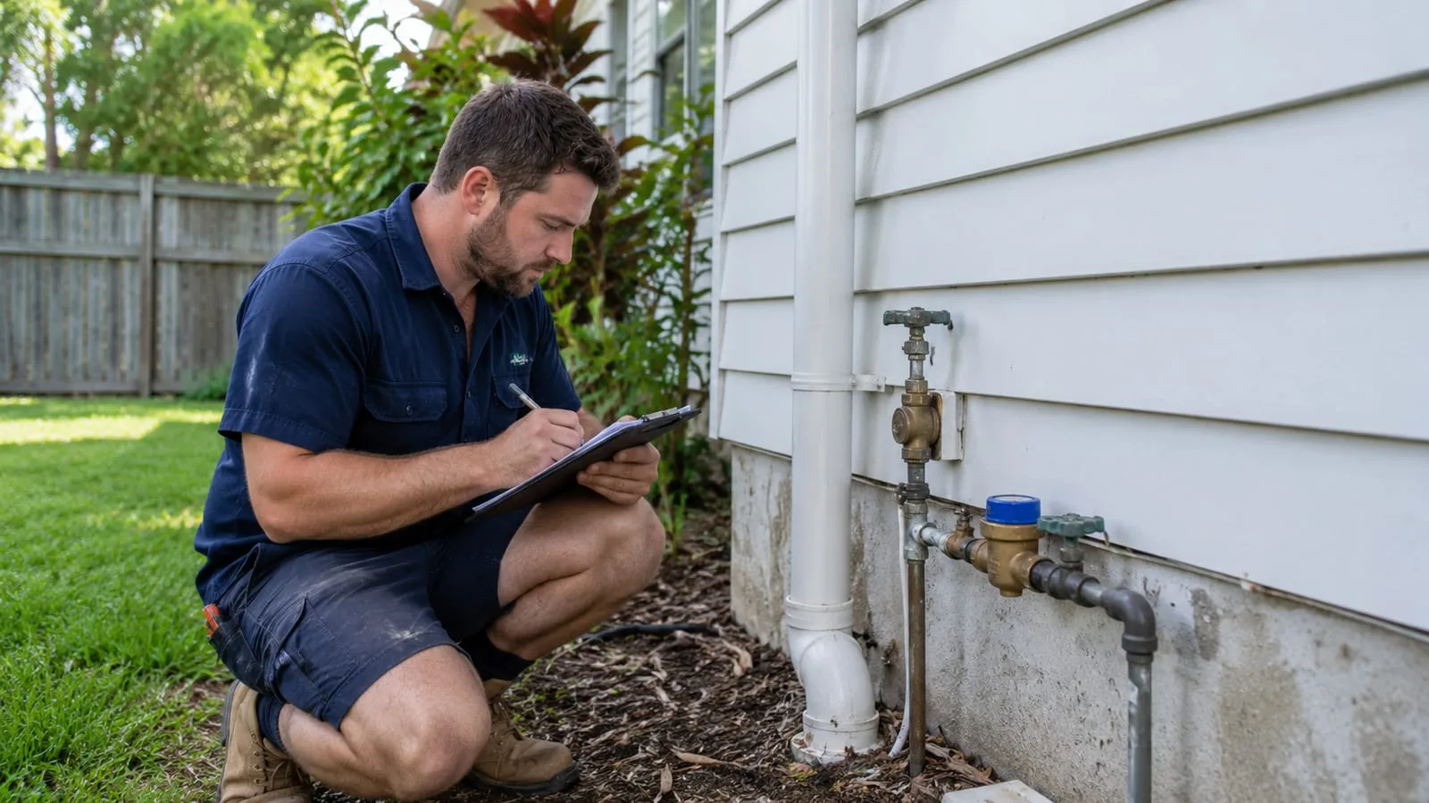 AI-generated illustration: plumber recording observations of existing exterior supply connections
