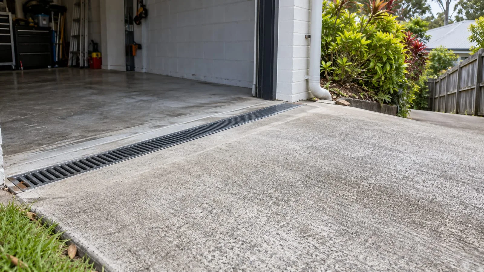 AI-generated illustration: garage-entry channel drain and sloping driveway surface