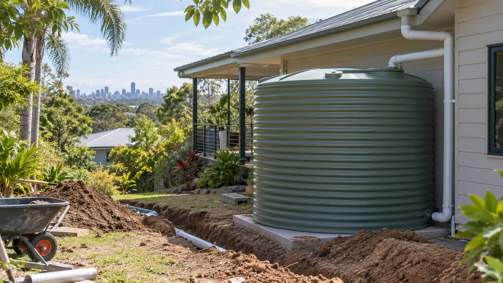 AI-generated illustration: rainwater tank beside a rural home with space for receiving pipework