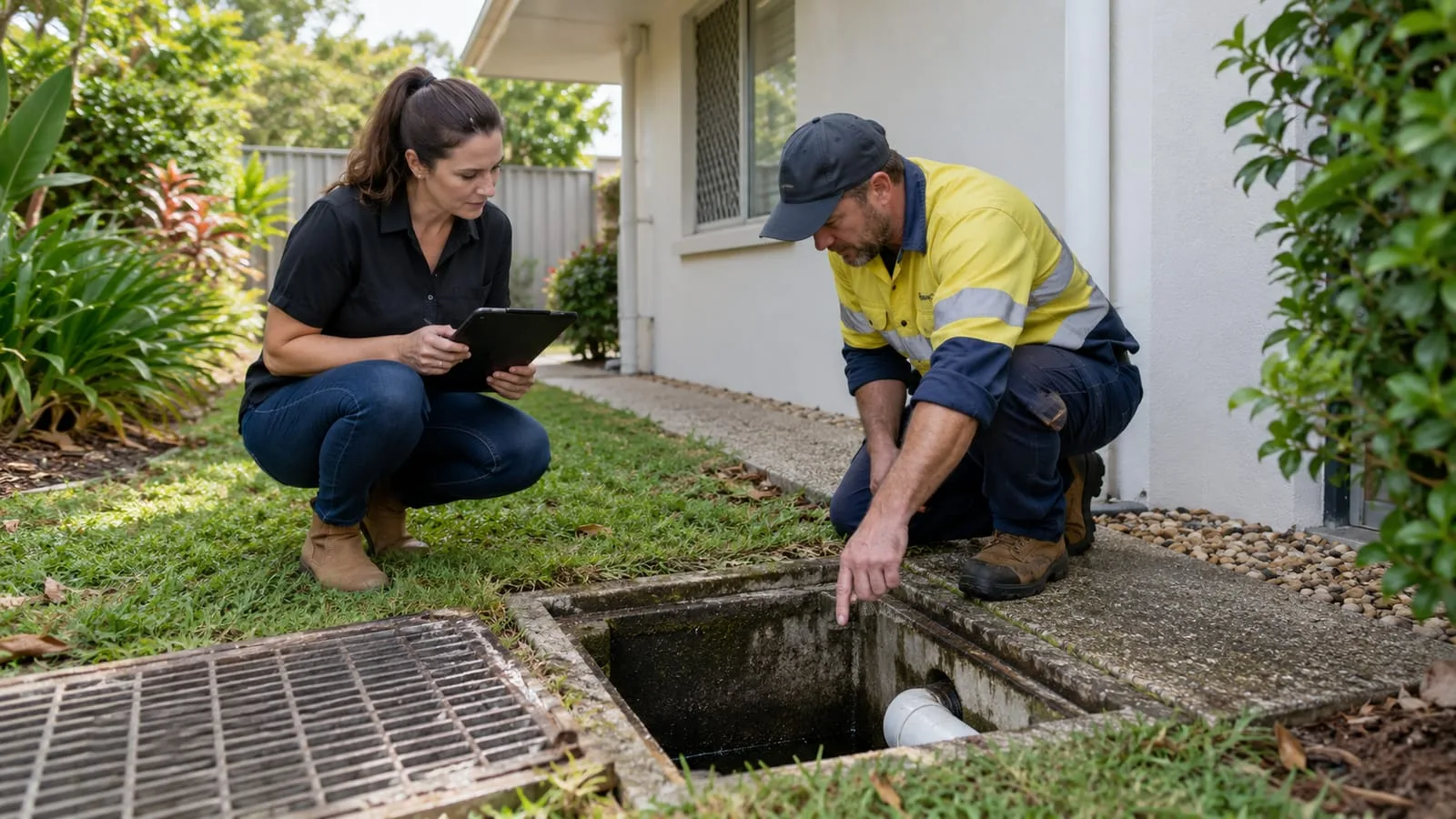 AI-generated illustration: property manager and technician reviewing records beside an open drainage pit