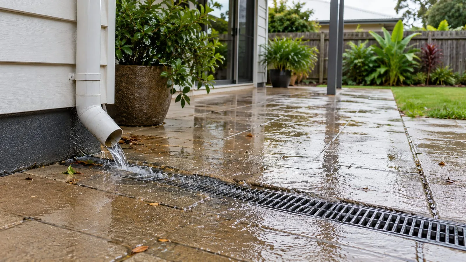 AI-generated illustration: roof outlet and wet patio paving leading to a collection channel