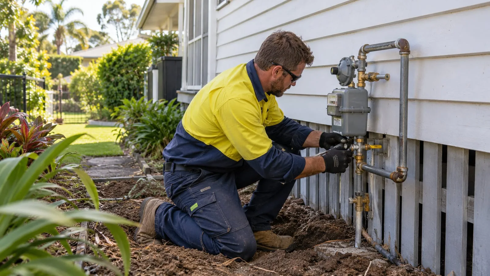 AI-generated illustration: Gas Fitting: technician checking exterior gas pipe fittings