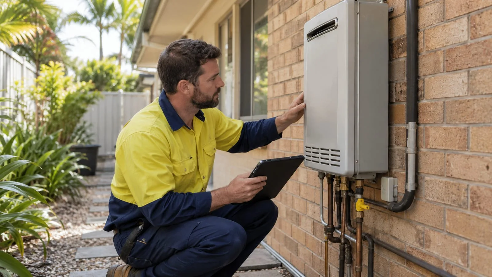 AI-generated illustration: technician checking an existing gas heater and its appliance details