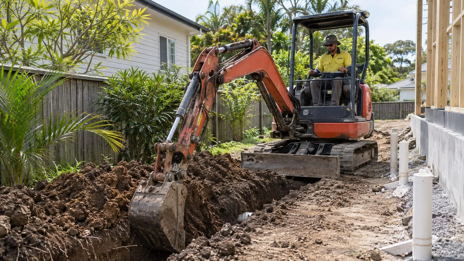 AI-generated illustration: Digger Hire: compact excavator trenching beside Brisbane new build