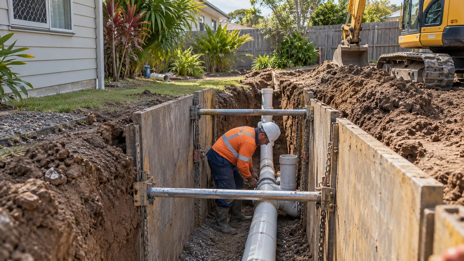 AI-generated illustration: Sewer Connections: sewer pipe junction visible in shored trench