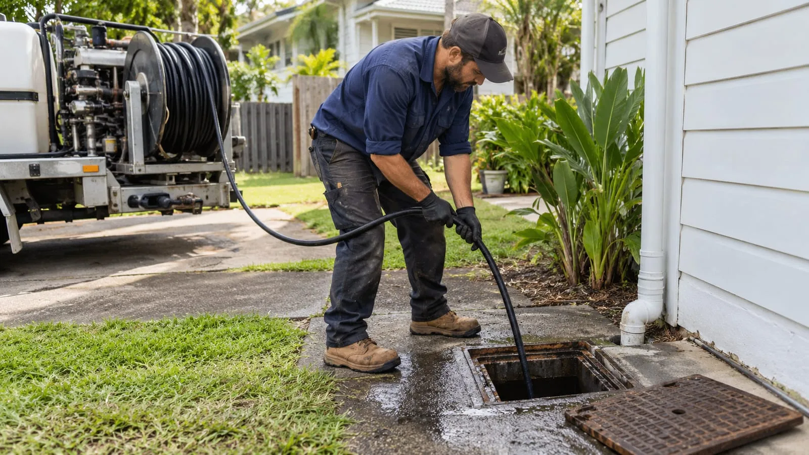 AI-generated illustration: High Pressure Drain Cleaning: technician inserting jet hose in external drain