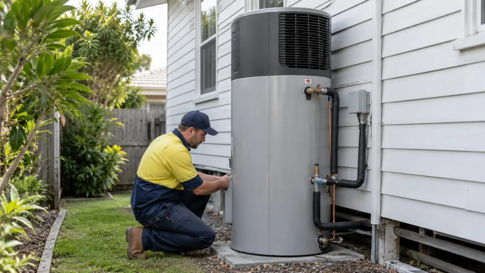 AI-generated illustration: Hot Water Systems: exterior heat pump water heater beside Brisbane house