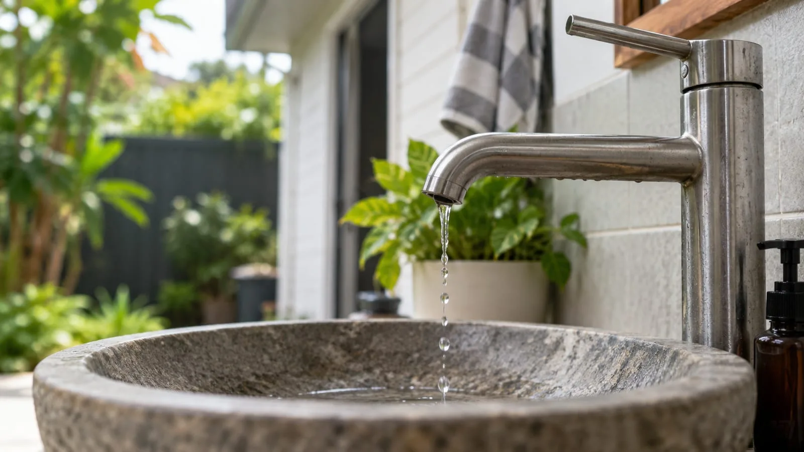 AI-generated illustration: Leaking Taps: close detail brushed steel tap over stone basin