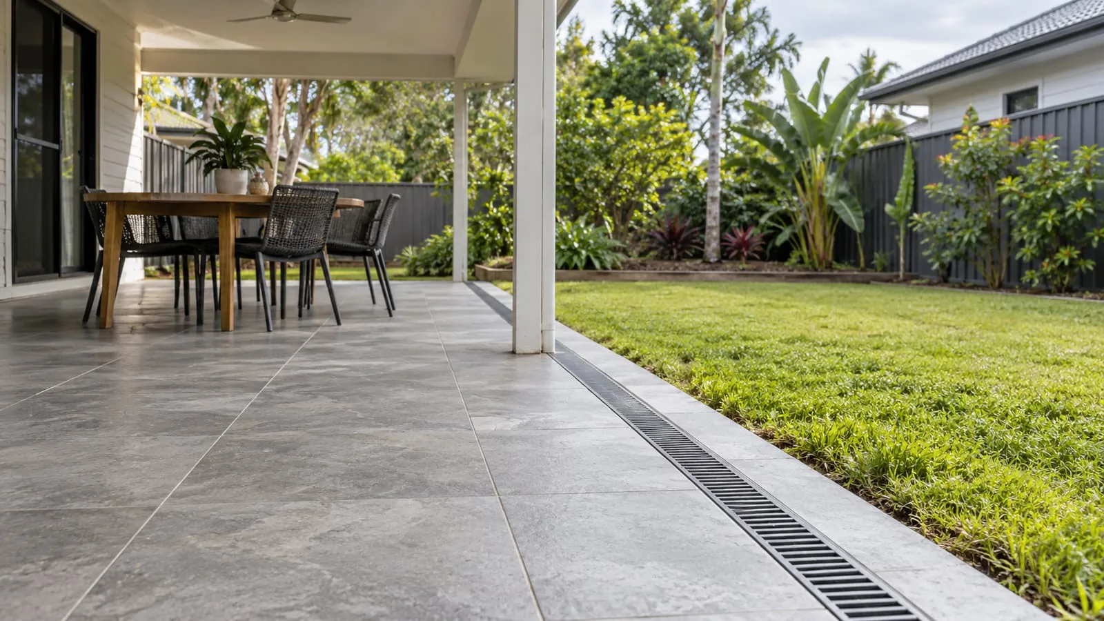 AI-generated illustration: finished patio paving integrated with a linear channel drain