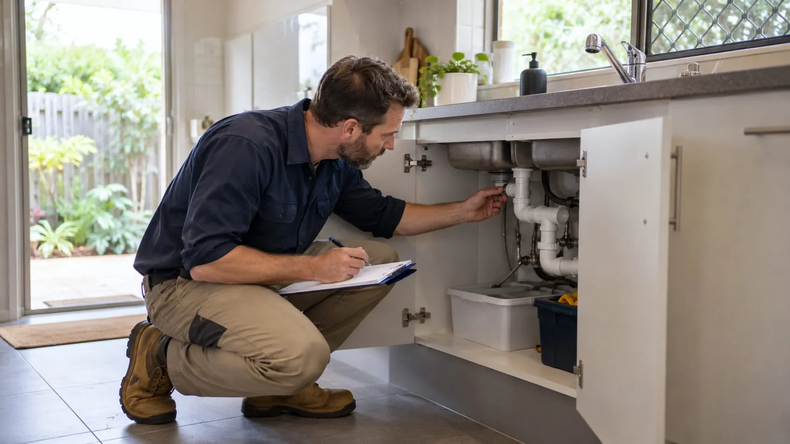 AI-generated illustration: Pre Purchase Plumbing Inspections: inspector checking under sink with notes