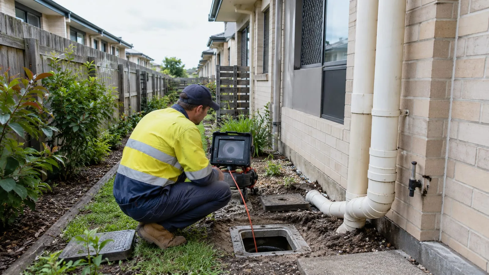 AI-generated illustration: investigation of shared drainage beside established townhouses