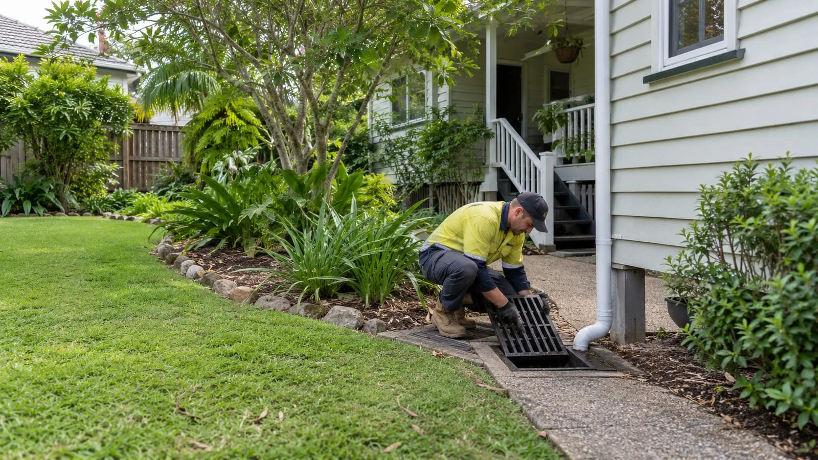 AI-generated illustration: Toowong established suburban house with leafy garden and neat stormwater collection grate