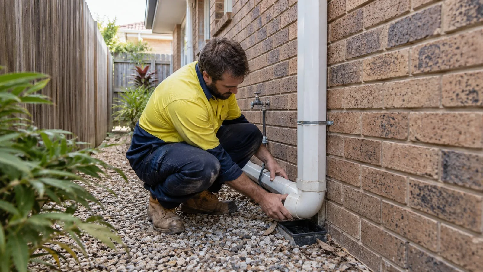 AI-generated illustration: narrow brick side passage and accessible downpipe connection