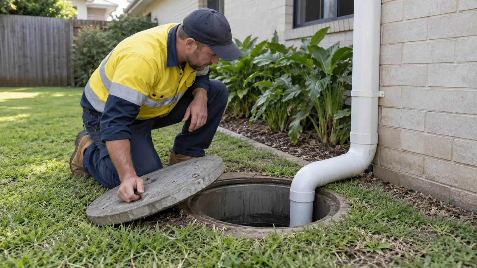 AI-generated illustration: garden soakaway pit inspection lid and receiving pipe connection