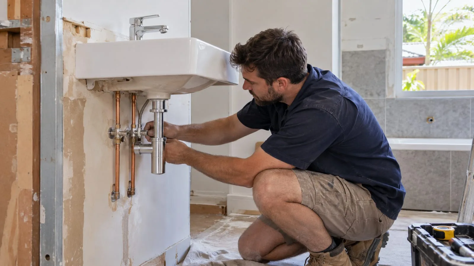 AI-generated illustration: An ordinary Brisbane home bathroom during renovation, accessible basin waste and copper water supply fittings with a technician checking connections