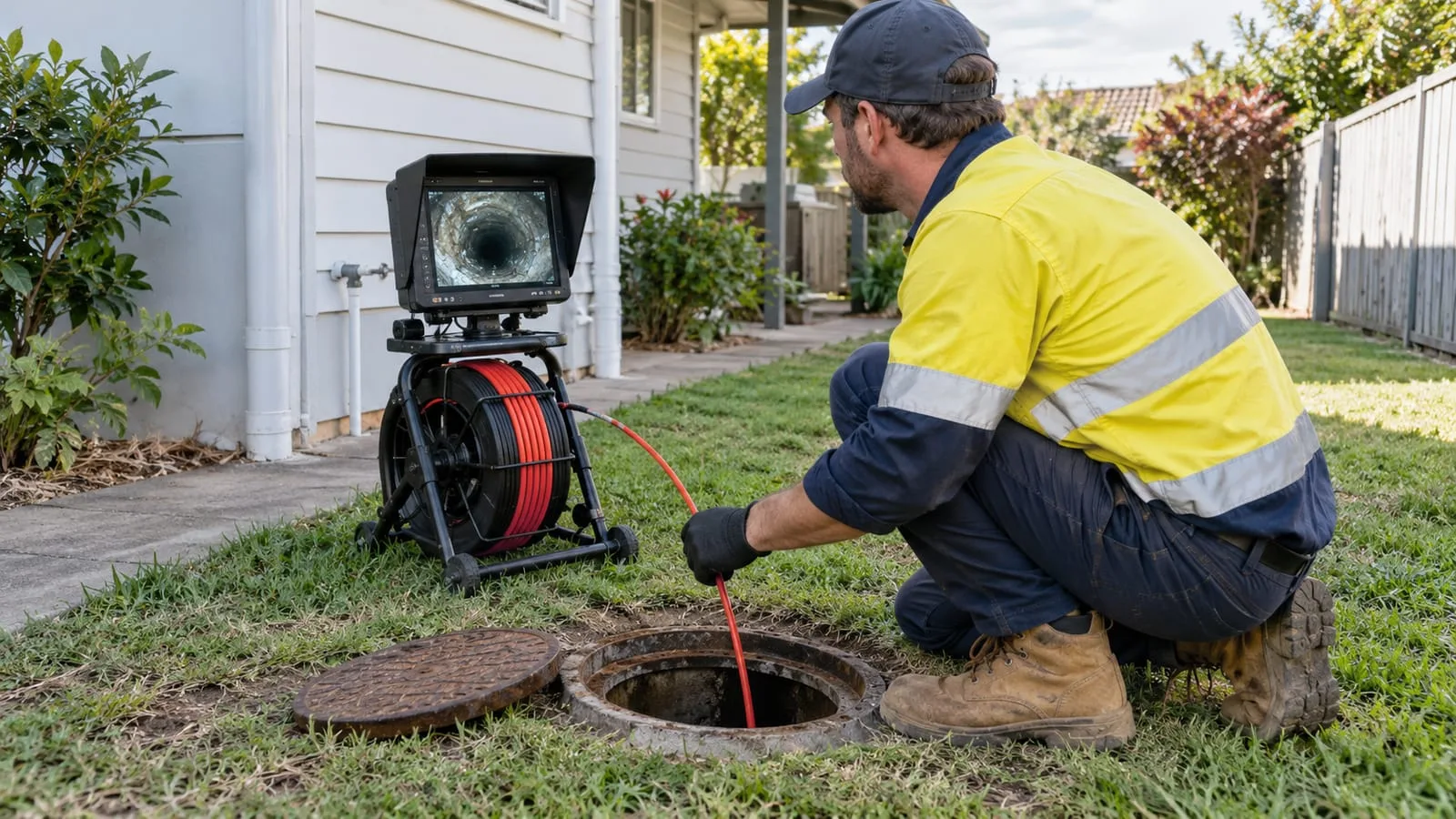 AI-generated illustration: camera inspection equipment and recorded pipe condition at a drain opening