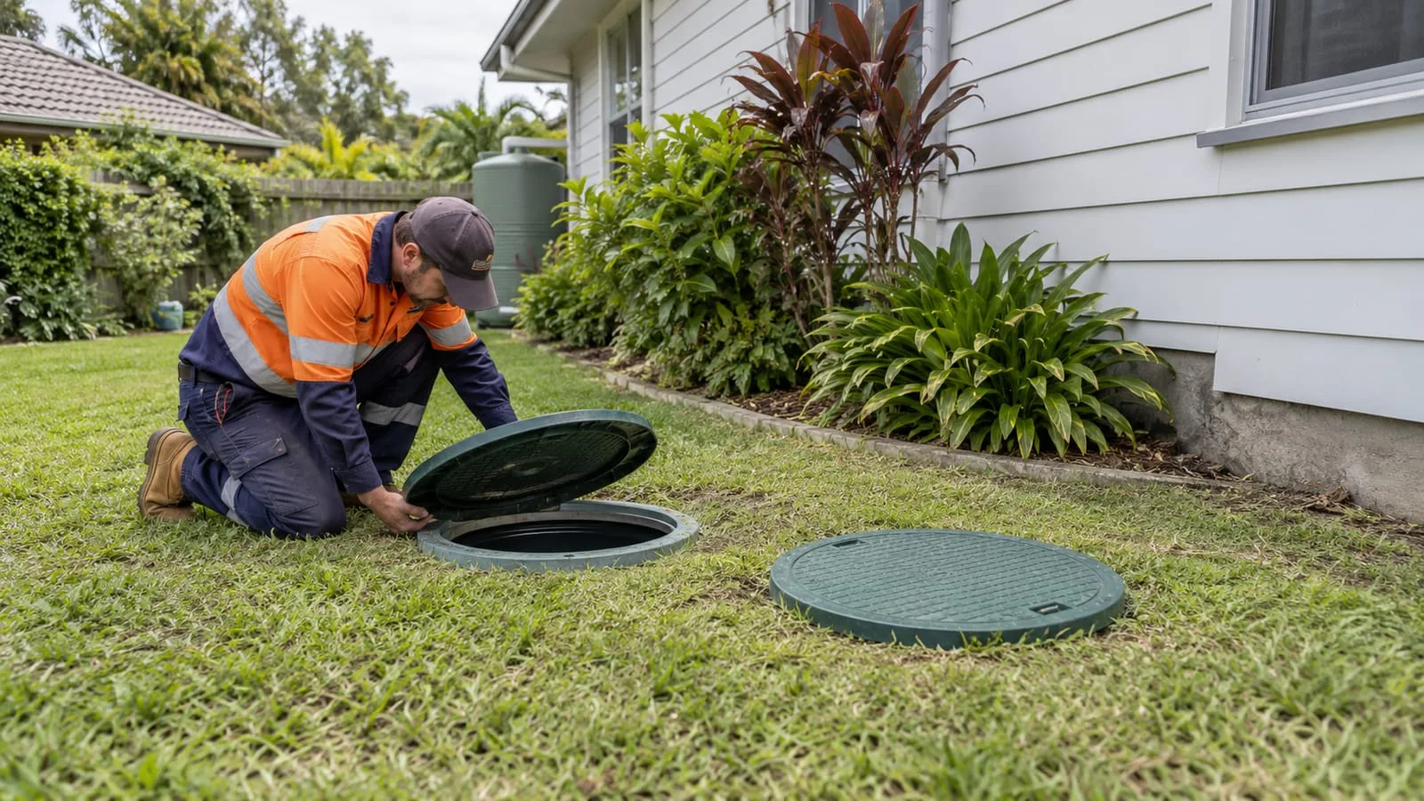 AI-generated illustration: wastewater system inspection lids and maintenance access at ground level