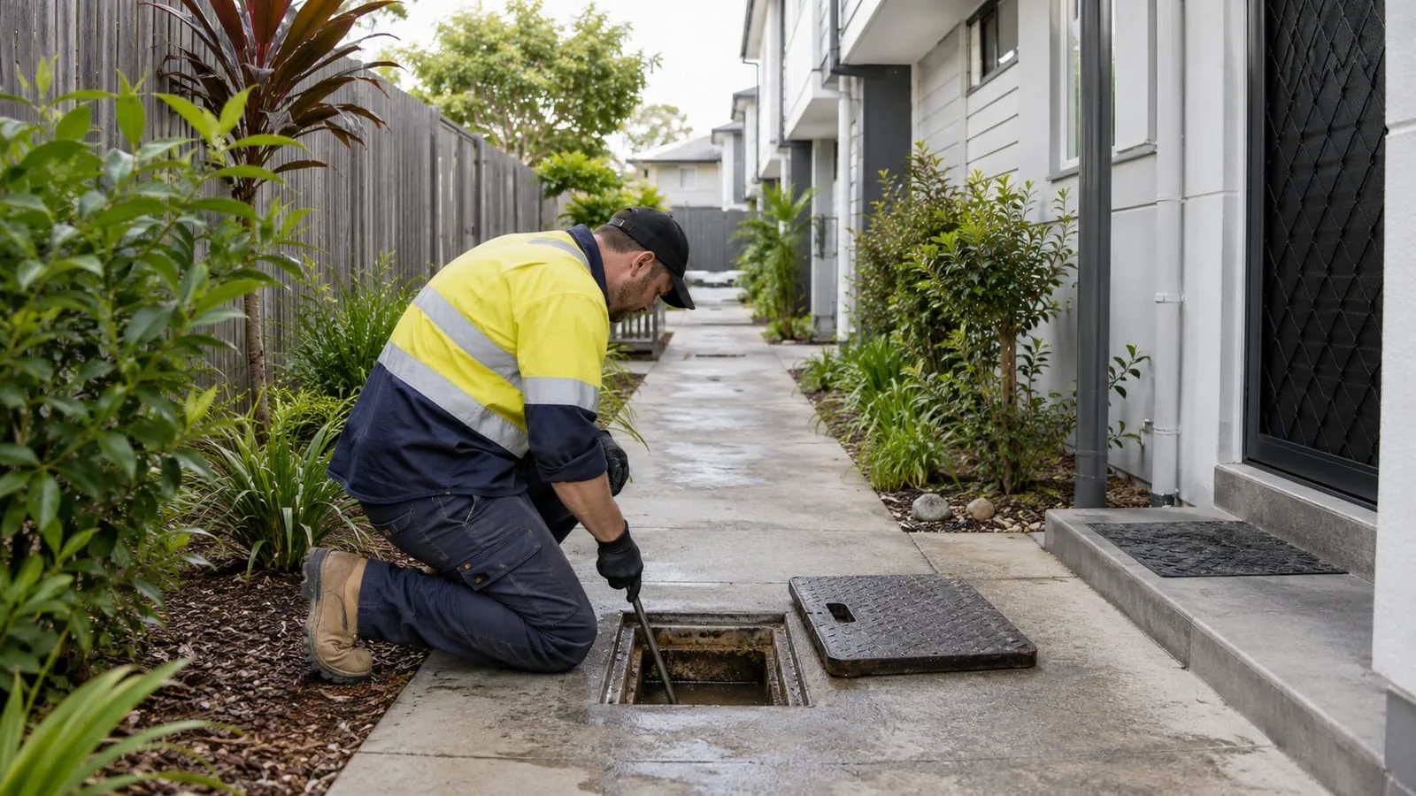 AI-generated illustration: shared townhouse walkway with a drainage inspection point