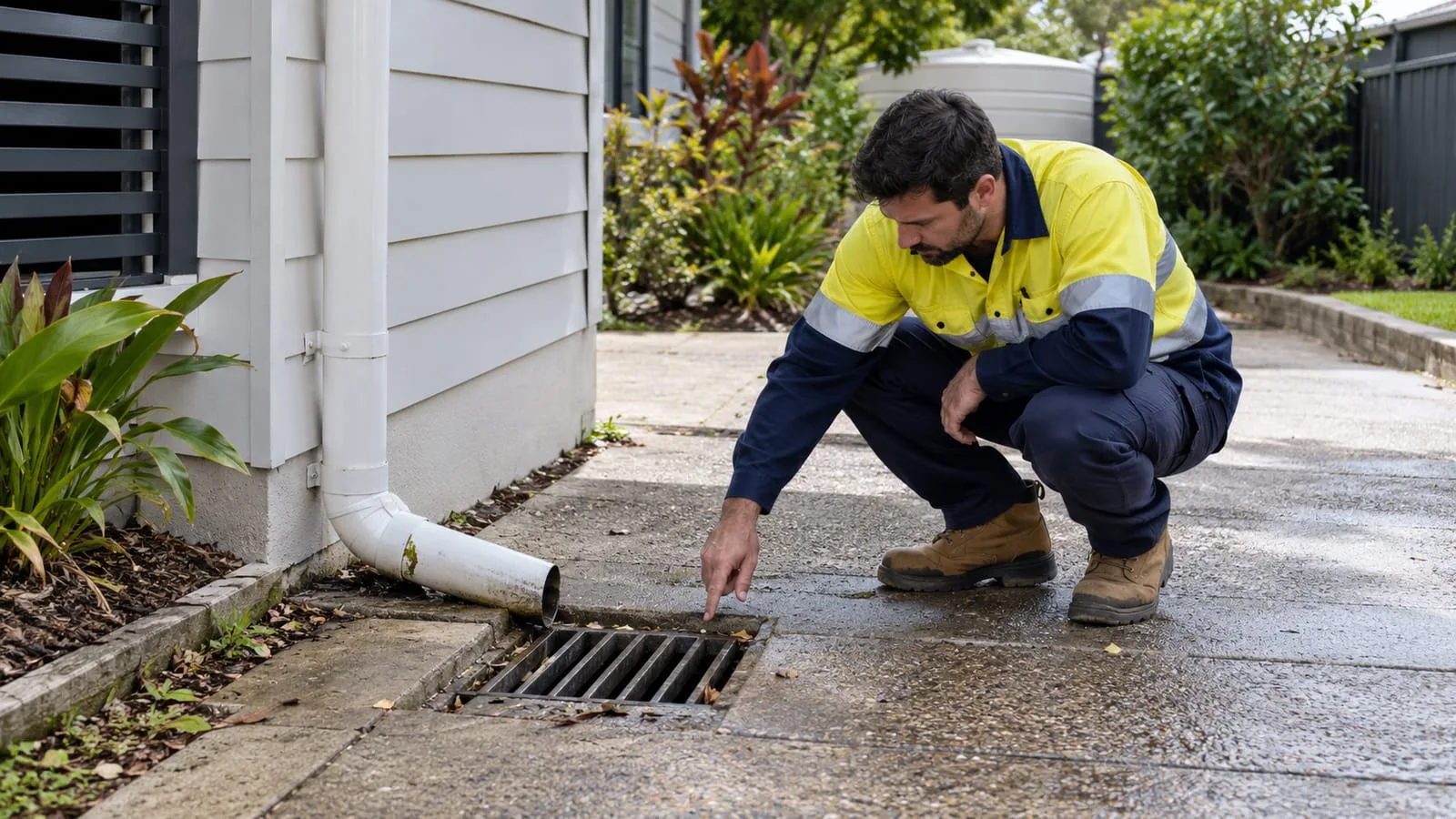 AI-generated illustration: technician tracing downpipe runoff into a surface-water inlet