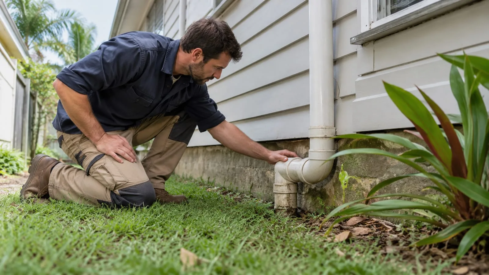 AI-generated illustration: exposed drain connection being assessed beside a house wall