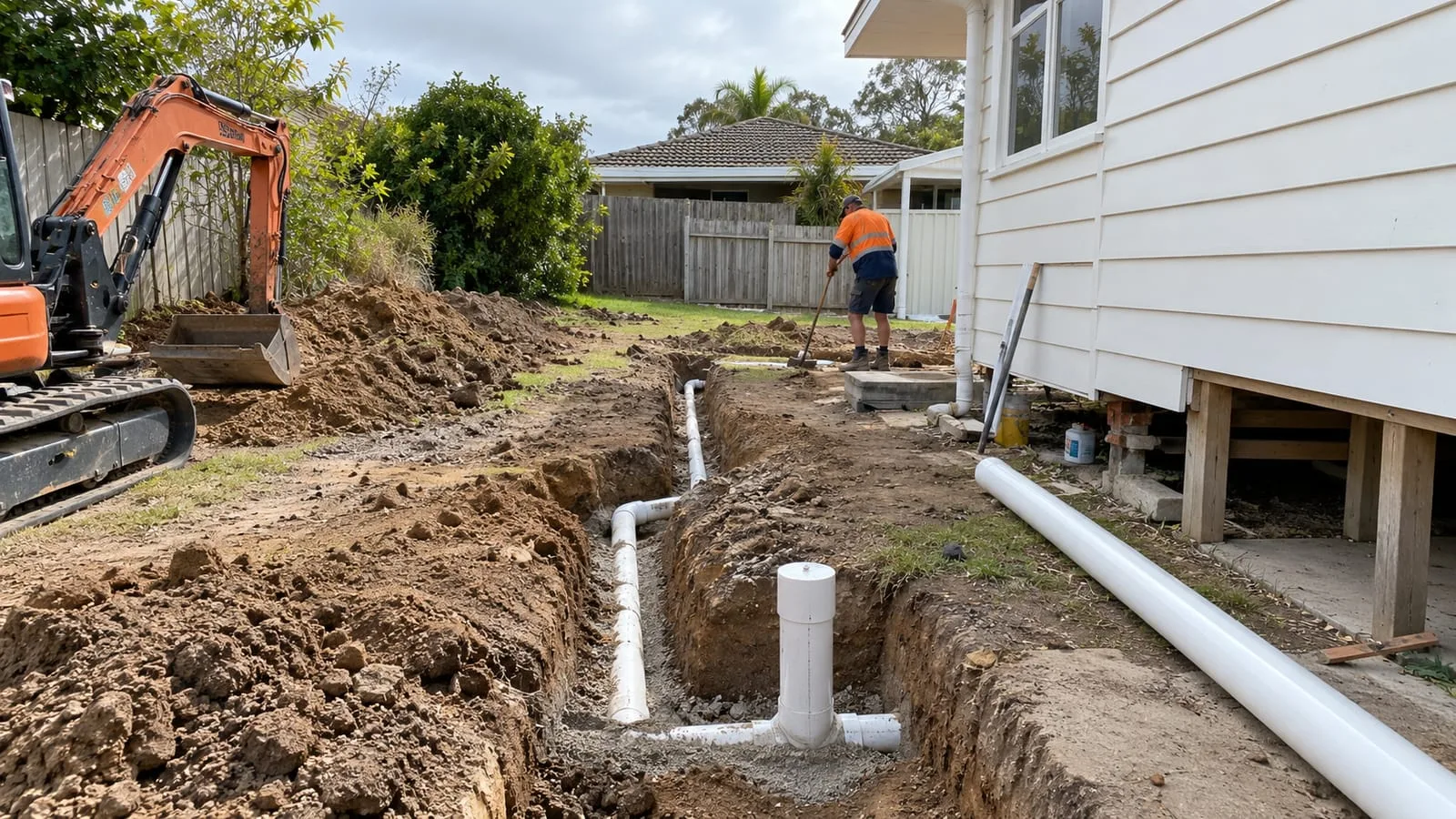 AI-generated illustration: marked underground drainage route at a residential construction site