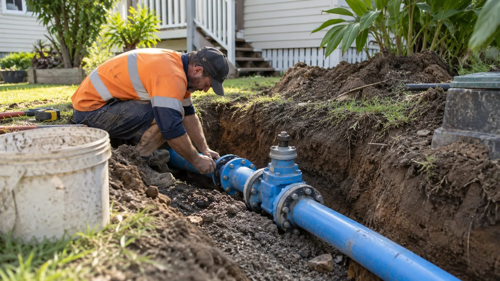 AI-generated illustration: blue water-supply pipe and connection fittings in an excavation
