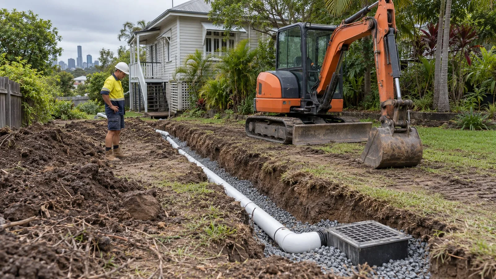 AI-generated illustration: Brisbane-style residential drainage and earthworks with a compact excavator, worker, stormwater pipe and grated collection pit